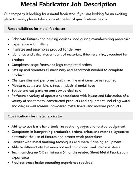 sheet metal installer job description|sheet metal fabrication job duties.